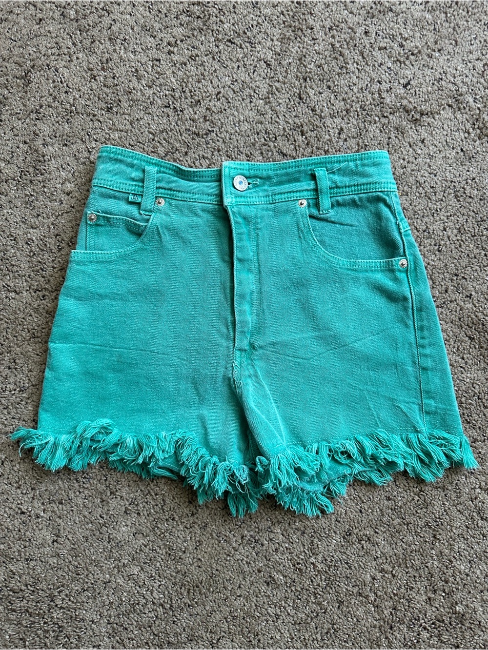 Silver Jeans Teal Fringed High-Rise Denim Shorts